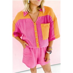 Rose Red Plus Size Textured Color Block Shirt and Shorts Set