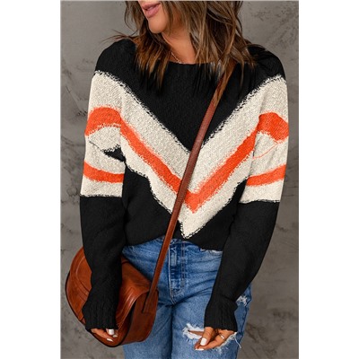 Black Chevron Striped Drop Shoulder Sweater