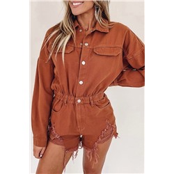 Gold Flame Long Sleeve Snap Buttons Distressed Denim Romper