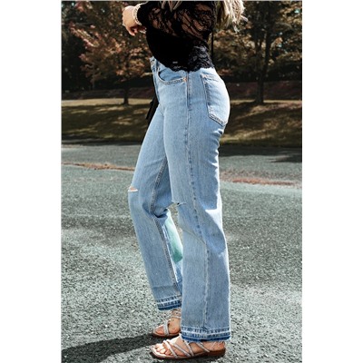 Light Blue Distressed Slit Leg Raw Edge Straight Jeans