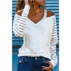 Mesh Striped Cut-out Cold Shoulder Long Sleeve T-shirt