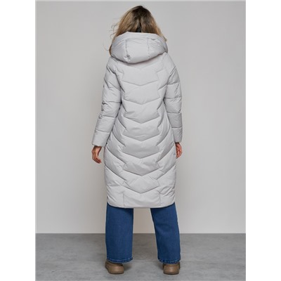 Пальто утепленное молодежное зимнее женское светло-серого цвета 52355SS