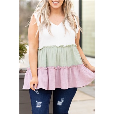 White Plus Size Color Block Ruffle Tiered Babydoll Tank Top