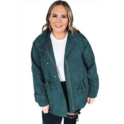 Green Plus Size Button Zipped Corduroy Jacket