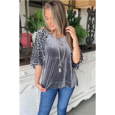 Medium Grey Leopard Splicing Lantern Sleeve Velvet Blouse