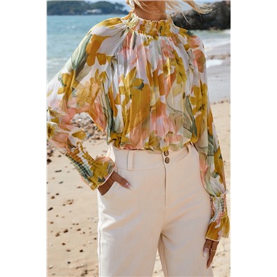 Yellow Floral Print Flounce Sleeve Mock Neck Blouse