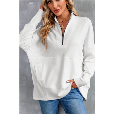 White Oversized Quarter-Zip Pullover Sweatshirt