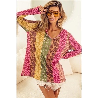 Multicolor Floral Leopard Mixed Print V Neck Long Sleeve Tee