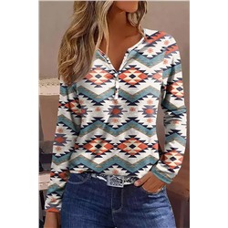 White Aztec Geometric Print Long Sleeve Henley Top