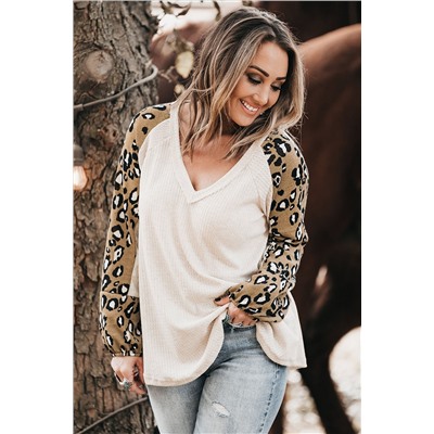 Beige Printed Plus Size Waffle Knit Contrast Leopard Long Sleeve Top