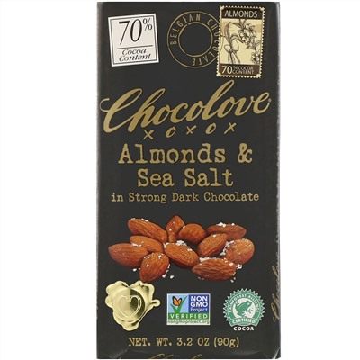 Chocolove, черный шоколад с миндалем и морской солью, 70% какао, 90 г (3,2 унции)