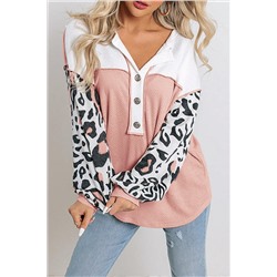 Pink Leopard Sleeve Patchwork Waffle Knit Top