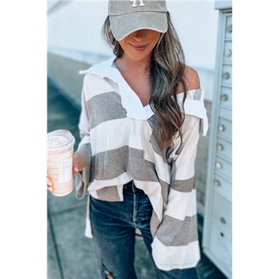 Stripe Oversized Collared Long Sleeve Top