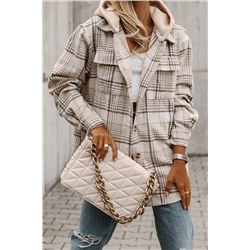 Khaki Plaid Removable Hood Buttoned Shacket