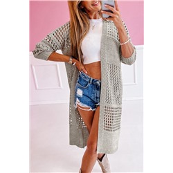 khaki Hollowed Mix Pattern Knitted Long Sweater Cardigan