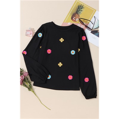 Black Floral Embroidered Puff Sleeve Top