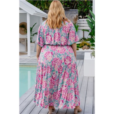 Purple Plus Floral V Neck Flared Short Sleeve Long Dress