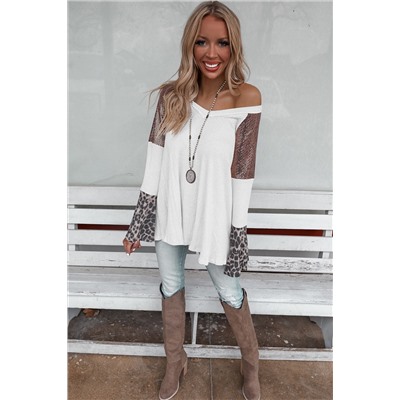 White Sequin Patchwork Bell Sleeve V Neck Tunic Top