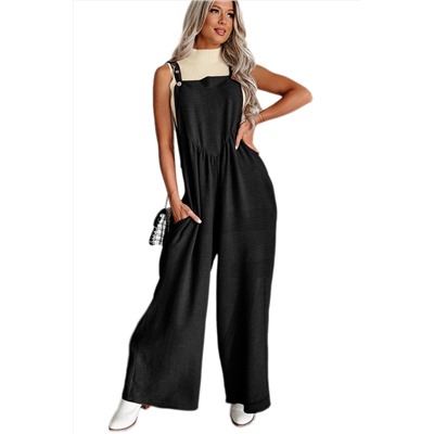 Black Textured Buttoned Straps Ruched Wide Leg Jumpsuit