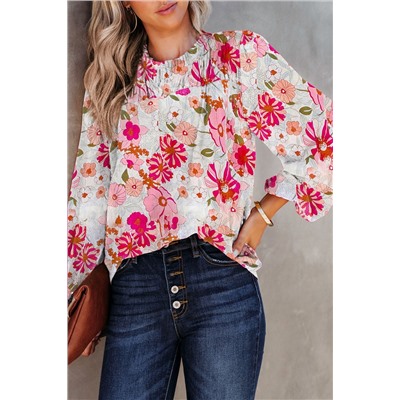 White Floral Frilled Neckline Puff Sleeve Blouse