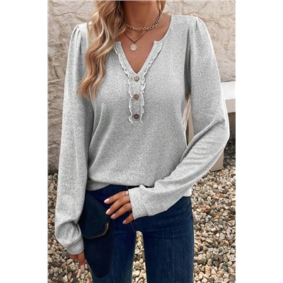 Light Grey Frilly Notched Neck Button Detail Long Sleeve Top