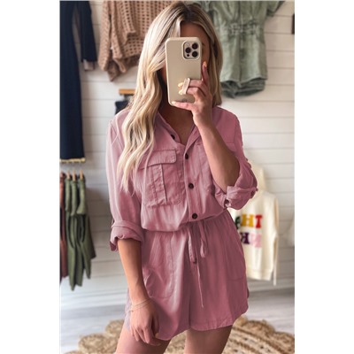 Peach Blossom Roll up Sleeve Flap Pockets Drawstring Playsuit