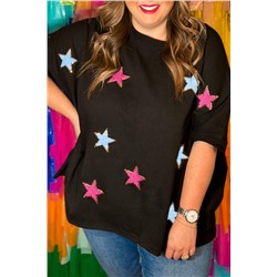 Black Sequin Chenille Star Pattern Plus Size Tee