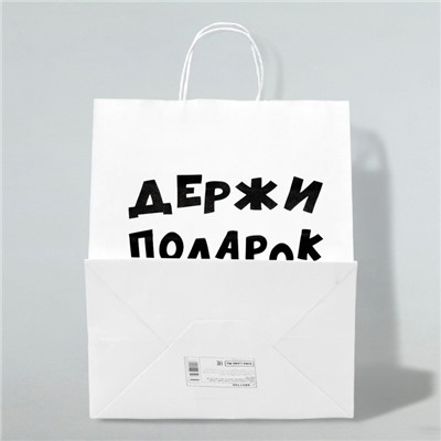 Пакет подарочный с приколами, крафт «Держи подарок», белый, 24 х 10,5 х 32 см