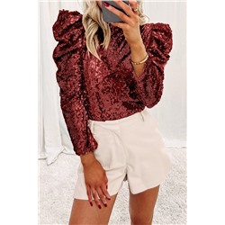 Burgundy Sequin Mock Neck Bubble Sleeve Top