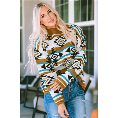 Brown Aztec Striped Knit Ribbed Trim Sweater