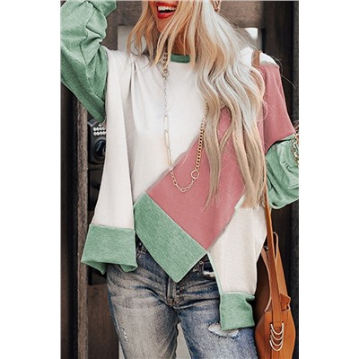 Colorblock Stitching Irregular Hem Long Sleeve Top