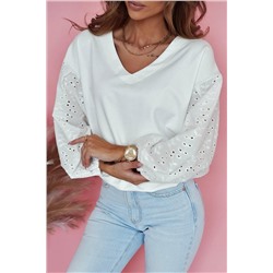 White V-neck Embroidered Patchwork Puff Sleeve Blouse