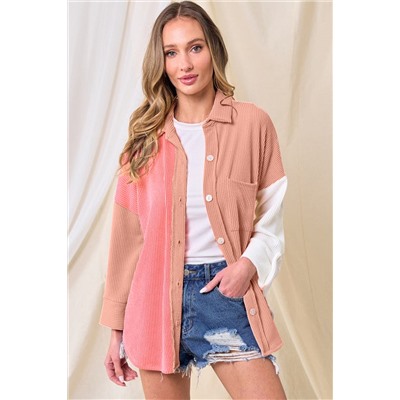 Pink Ribbed Colorblock Drop Shoulder Shirt with Pocket