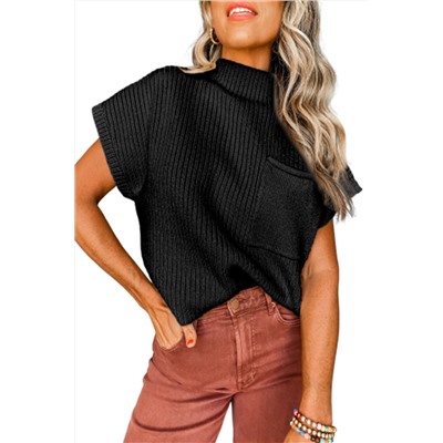 Black Patch Pocket Ribbed Knit Short Sleeve Sweater