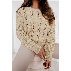 Khaki Eyelets Cable Knit Drop Shoulder Sweater