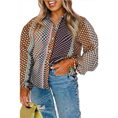 Brown Plus Size Mix Dotted Patchwork Button up Shirt