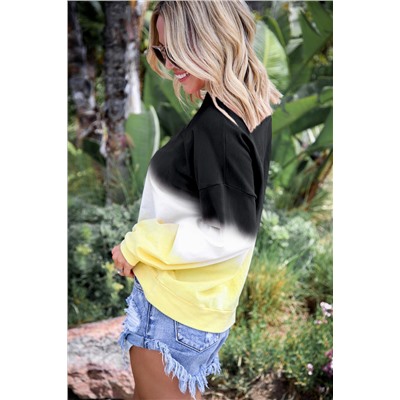 Черно-бело-желтый свободный пуловер блочной расцветки