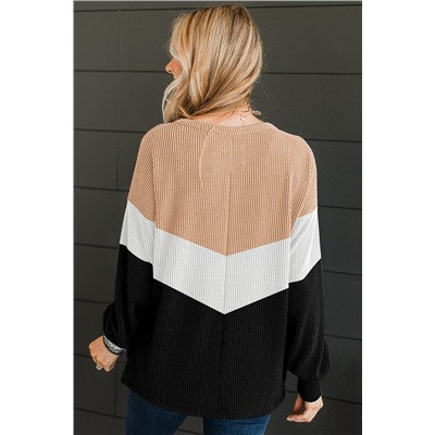 Black Color Block Corded Texture Long Sleeve Top