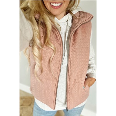 Pale Chestnut Cable Textured Zip Up Vest Jacket