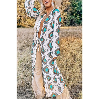 White Western Aztec Print Duster Open Front Top