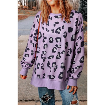 Leopard Print Drop Shoulder Slit Oversized Sweatshirt