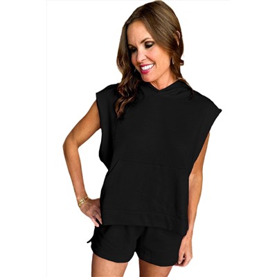 Black Solid Color Sleeveless Hoodie and Shorts Set