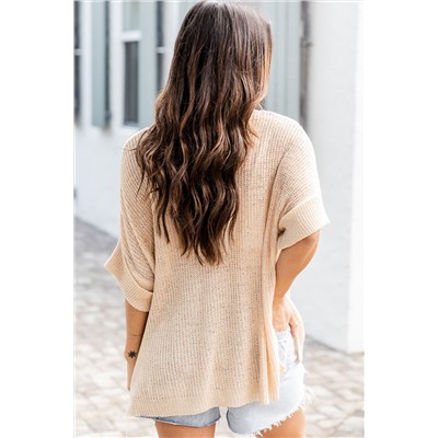 Apricot Loose Fit Split Pocket Half Sleeve Knitted Top