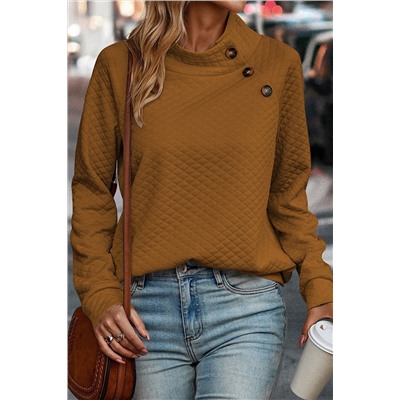 Chestnut Quilted Buttoned Neckline Stand Neck Pullover Sweatshirt