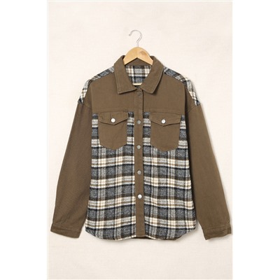 Brown Plaid Patchwork Pockets Denim Jacket