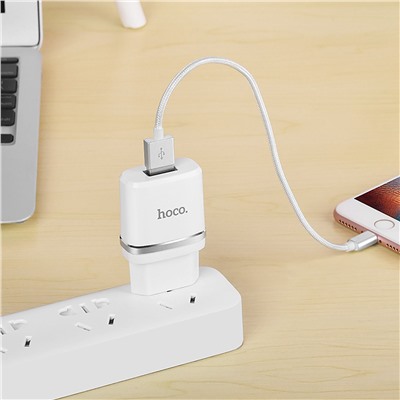 Адаптер Сетевой с кабелем Hoco C11 (повр. уп.) USB 1A/5W (USB/Lightning) (white)