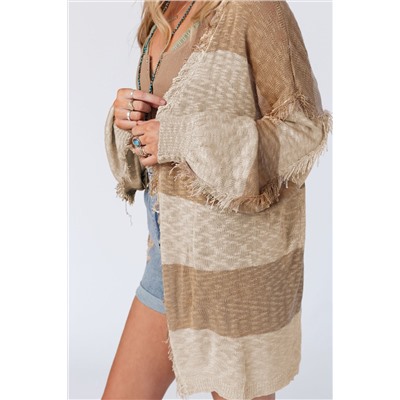 Khaki Stripe Lantern Sleeve Fringed Open Cardigan