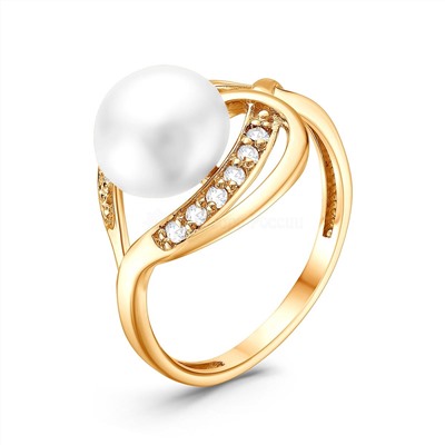 Кольцо женское из золочёного серебра с культивированным жемчугом и фианитами