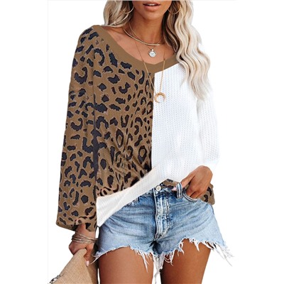 Brown Leopard Contrast Waffle Knit Twist Hem V Neck Top