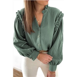 Green Frilled Split Neck Crinkled Shirt